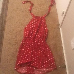 Red with white polka dot romper